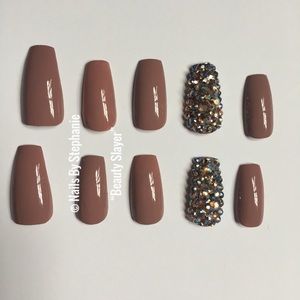 Nude Coffin Press On Nails W/ Rhinestones